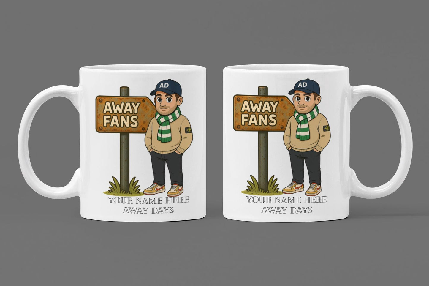 Personalised Away Days Football Mug: Ceramic Gift Mug Celtic Green/White inspired