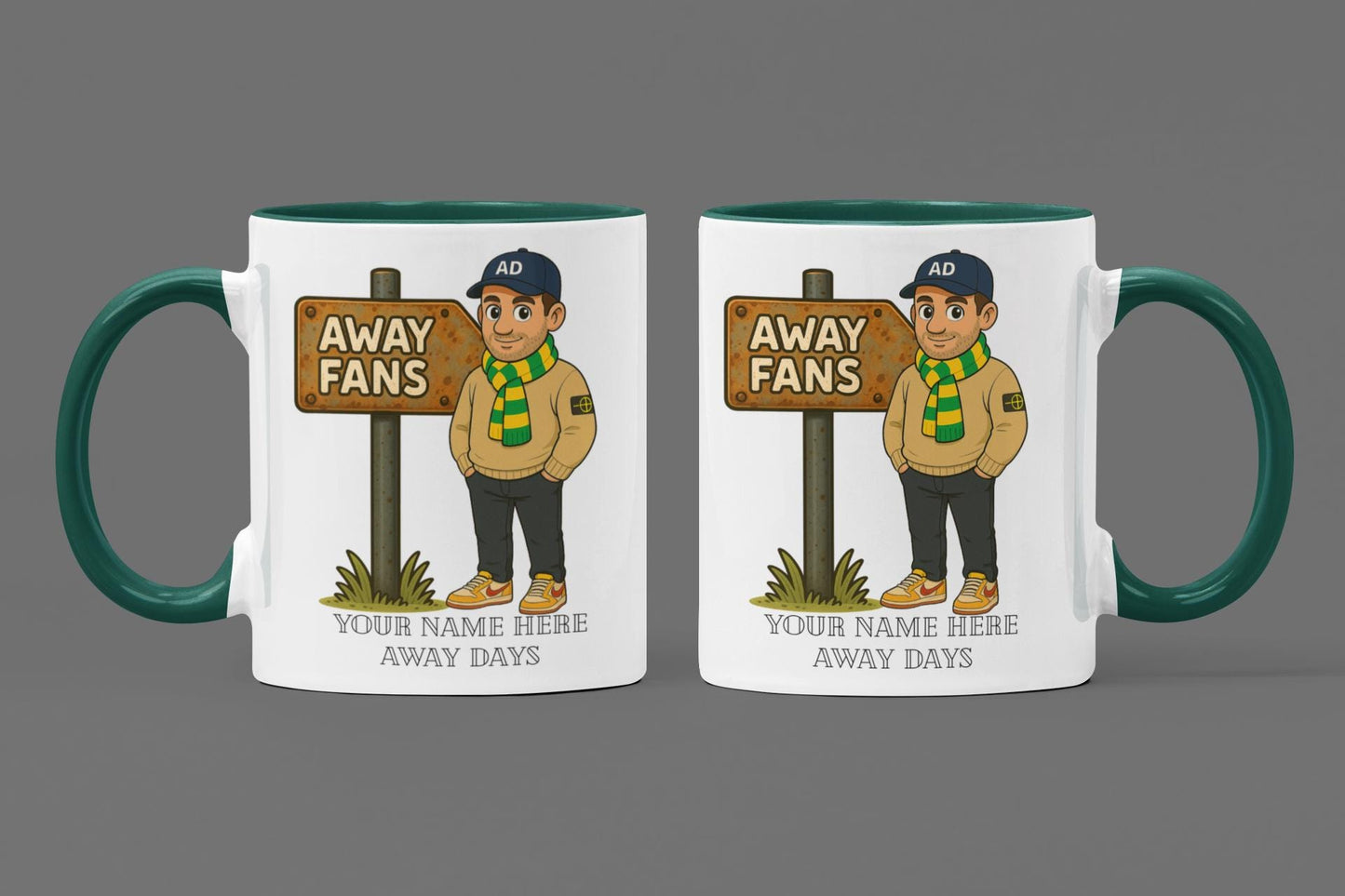 Personalised Away Days Football Mug: Ceramic Gift Mug Norwich City Green/Yellow inspired