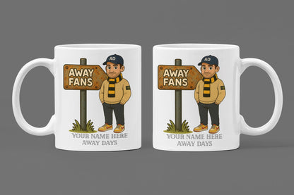 Personalised Away Days Football Mug: Ceramic Gift Mug Hull City/ Wolves Black/Amber inspired