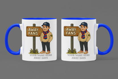 Personalised Away Days Football Mug: Ceramic Gift Mug Crystal Palace/Barcelona Blue/Red inspired