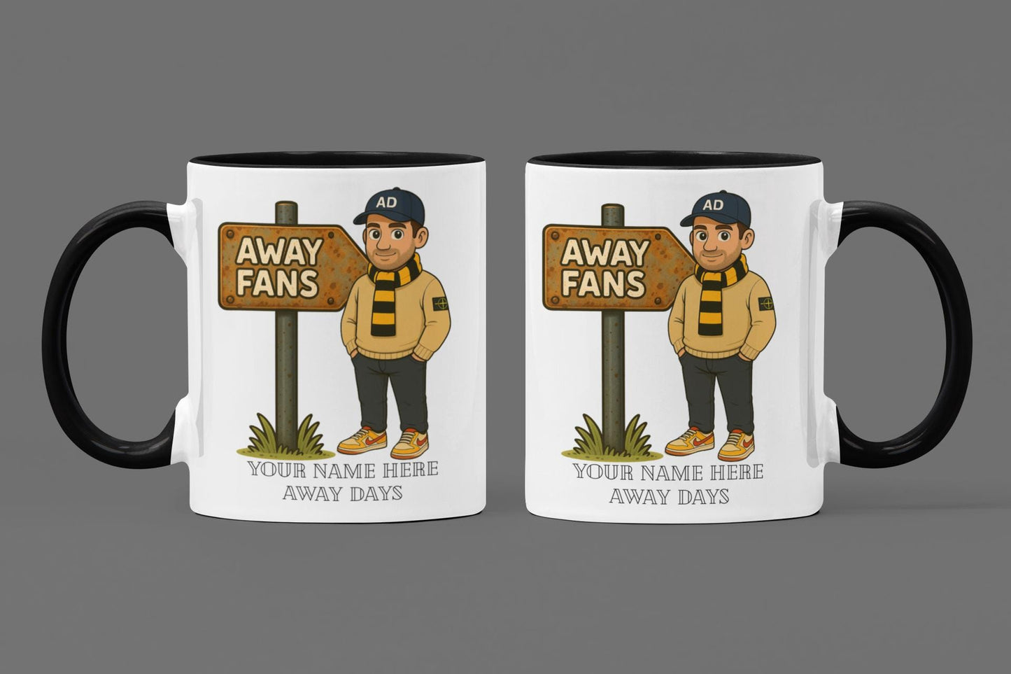 Personalised Away Days Football Mug: Ceramic Gift Mug Hull City/ Wolves Black/Amber inspired