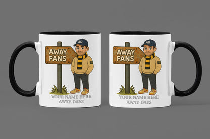 Personalised Away Days Football Mug: Ceramic Gift Mug Hull City/ Wolves Black/Amber inspired