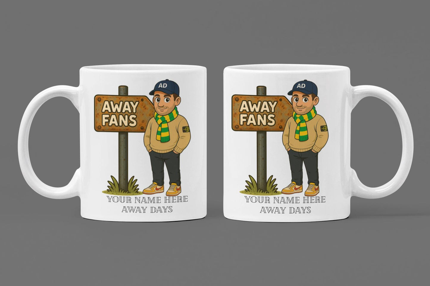 Personalised Away Days Football Mug: Ceramic Gift Mug Norwich City Green/Yellow inspired