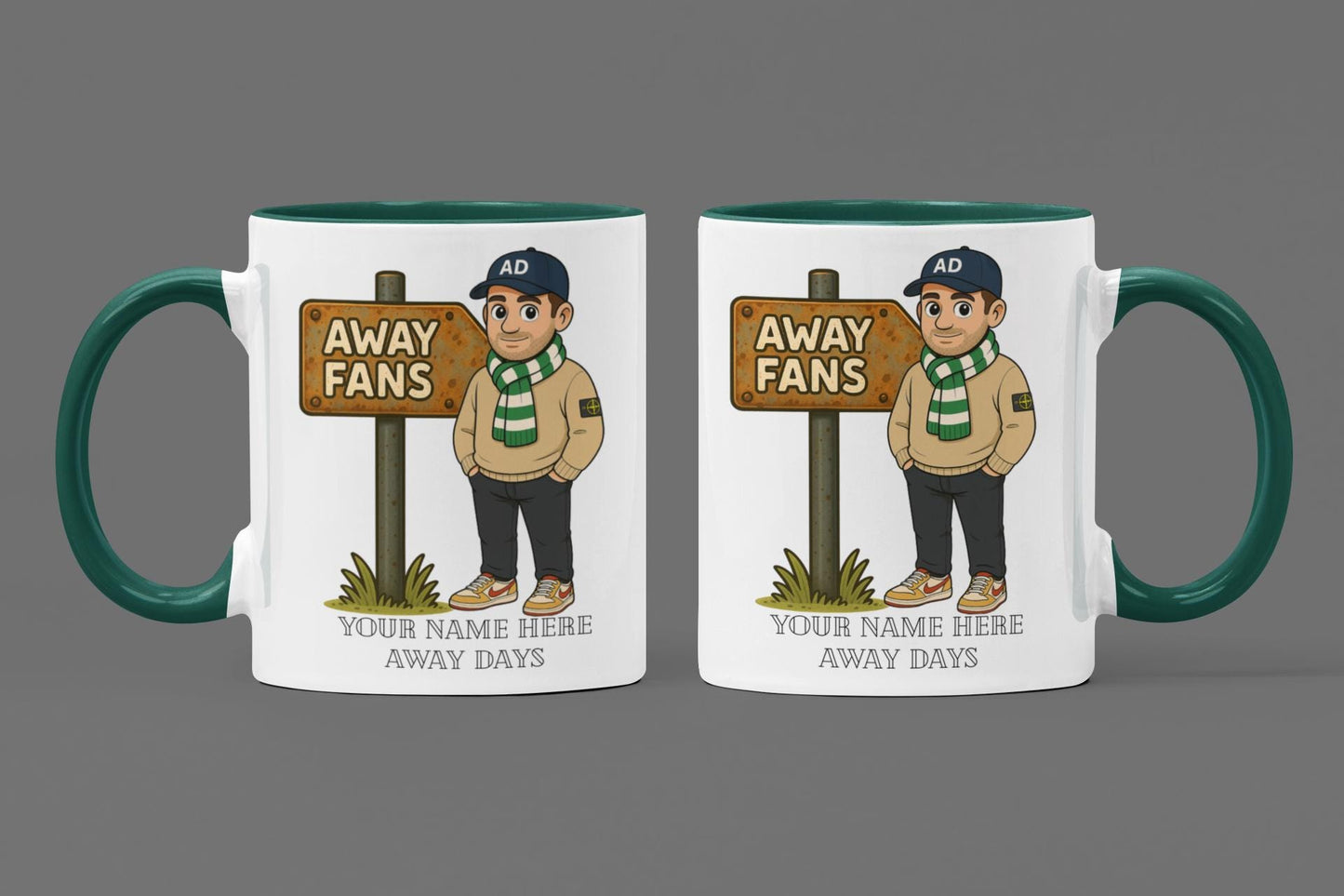 Personalised Away Days Football Mug: Ceramic Gift Mug Celtic Green/White inspired