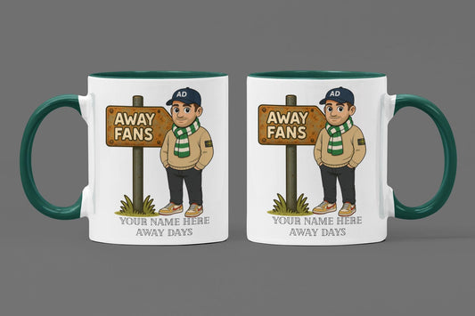 Personalised Away Days Football Mug: Ceramic Gift Mug Celtic Green/White inspired